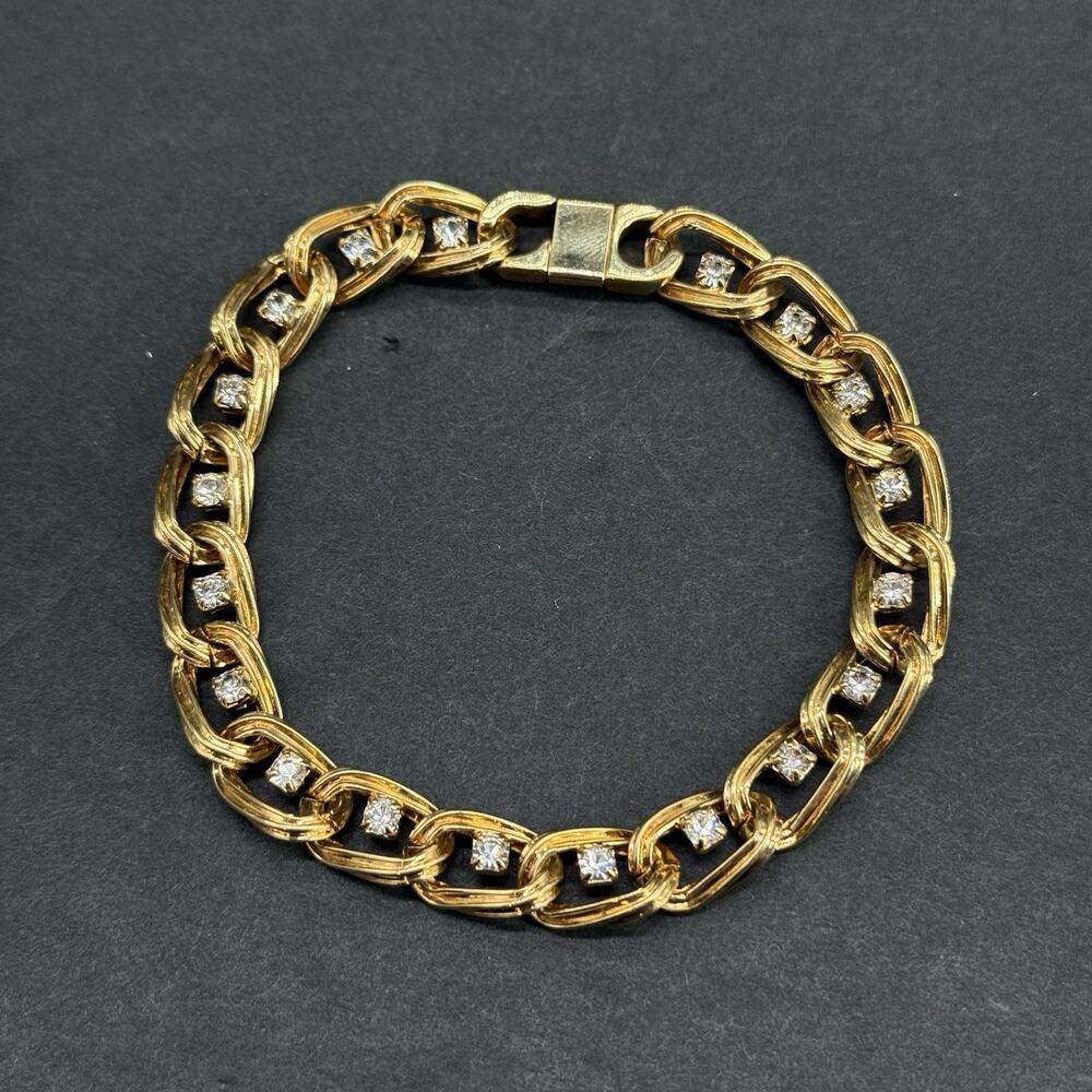 Vintage Gold Tone Double Link Chain Bracelet Clear Rhinestone Accents Costume